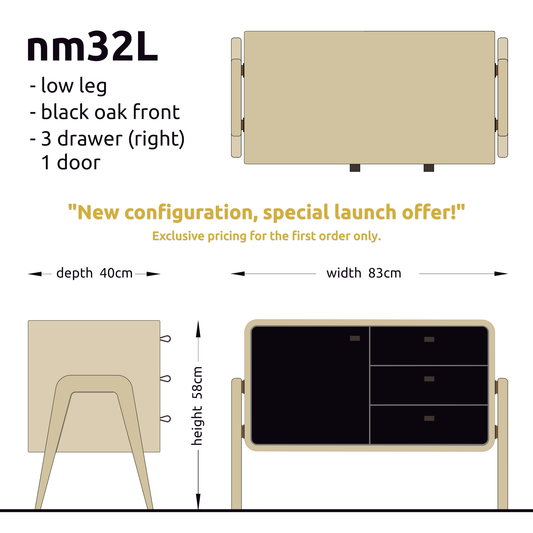 Low sideboard nm32L. The main corpus is crafted from solid Norwegian oak, featuring 3 drawers and 1 door, all with black oak fronts.