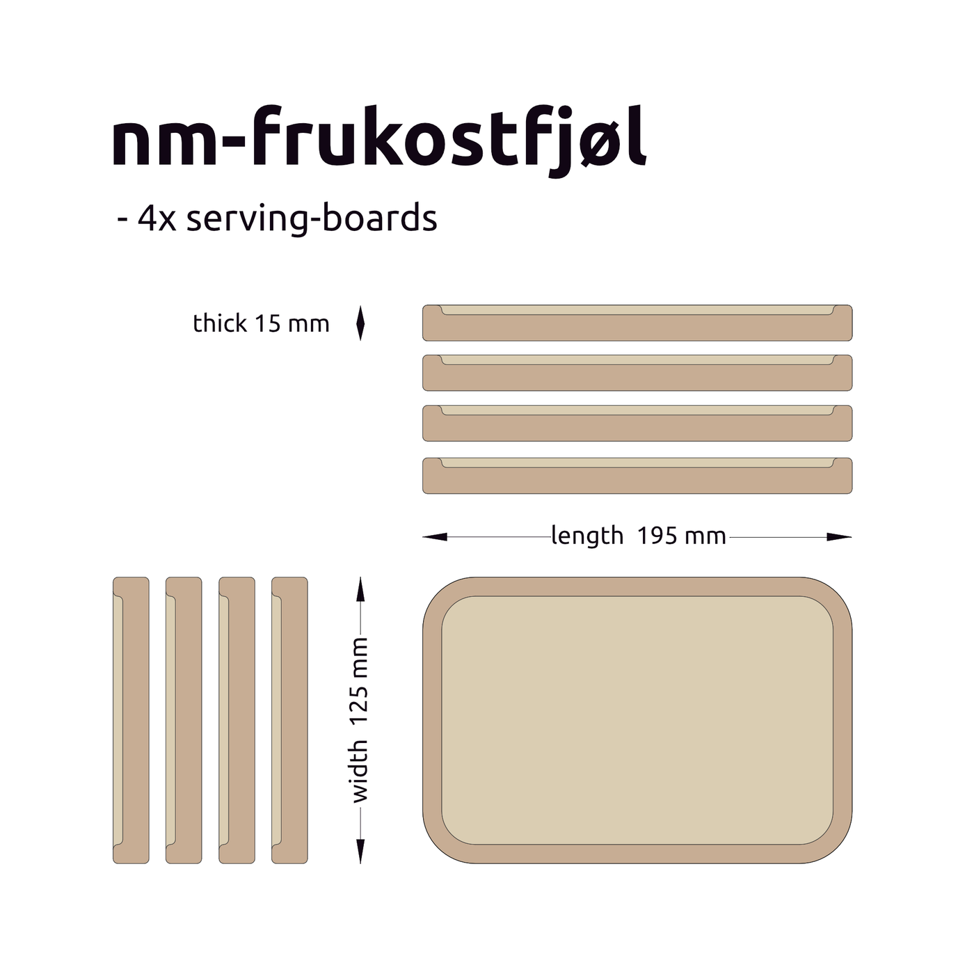 A set of 4 serving boards, handcrafted from solid Norwegian oak, featuring finely milled edges.