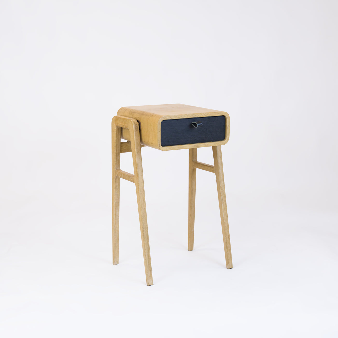 High desk and storage bench nm11H. The main corpus is crafted from solid Norwegian oak, featuring 1 drawer with black oak front.