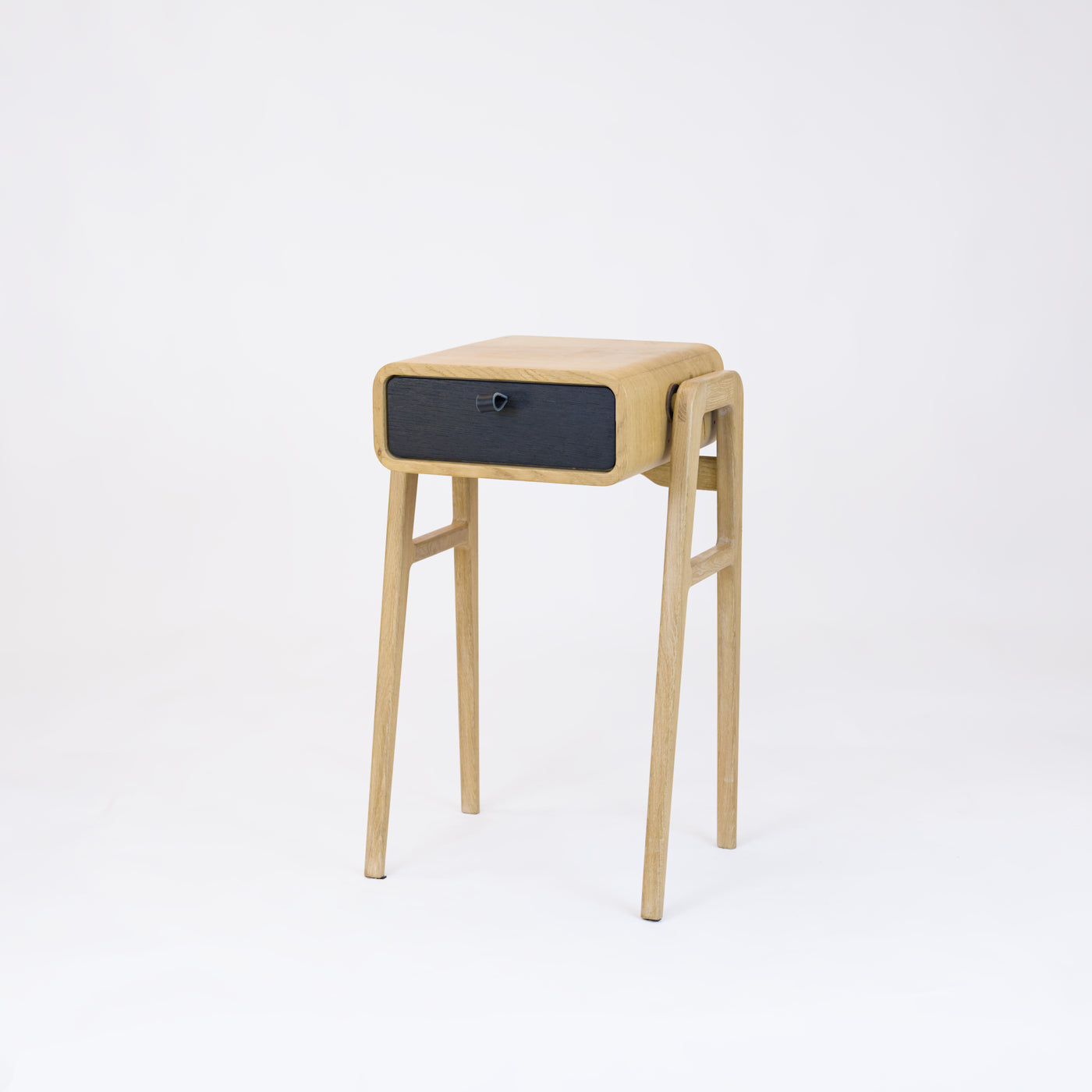 High desk and storage bench nm11H. The main corpus is crafted from solid Norwegian oak, featuring 1 drawer with black oak front.