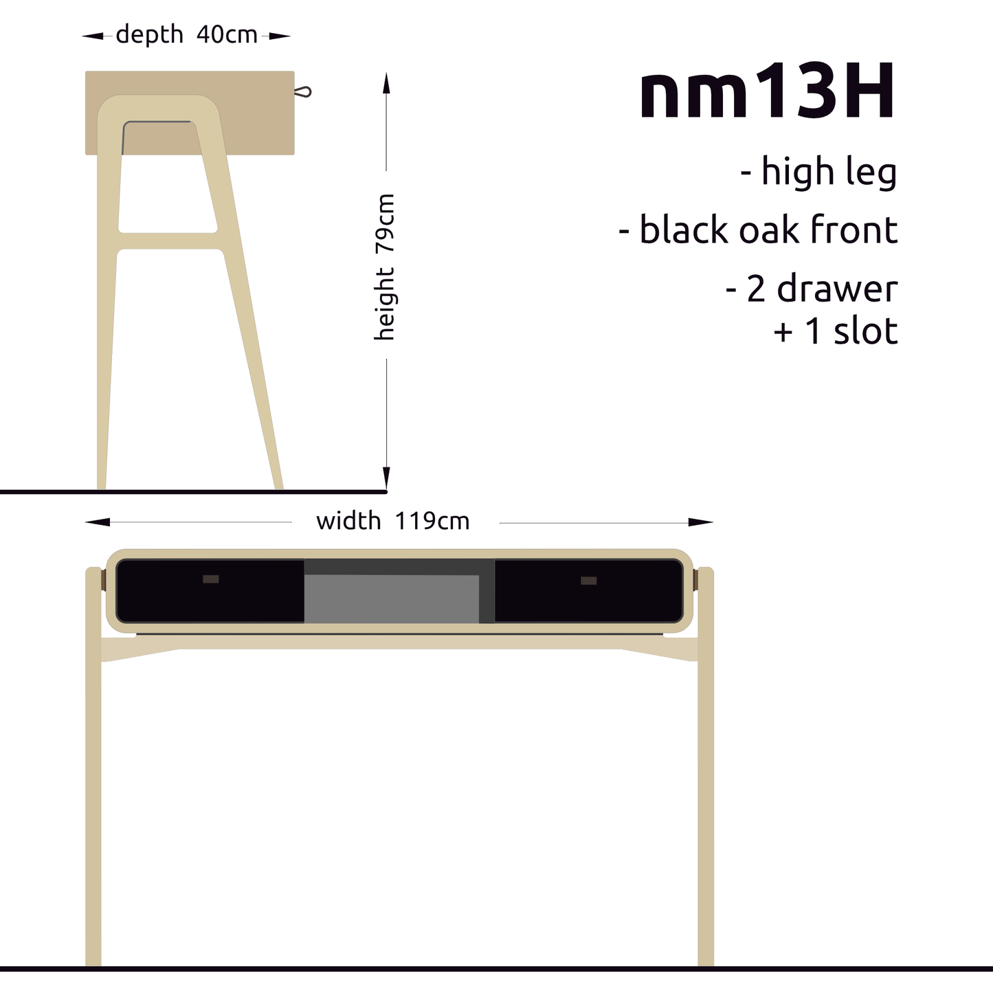 High desk and storage bench nm13H. The main corpus is crafted from solid Norwegian oak, featuring 2 drawers with black oak fronts and 1 slot.