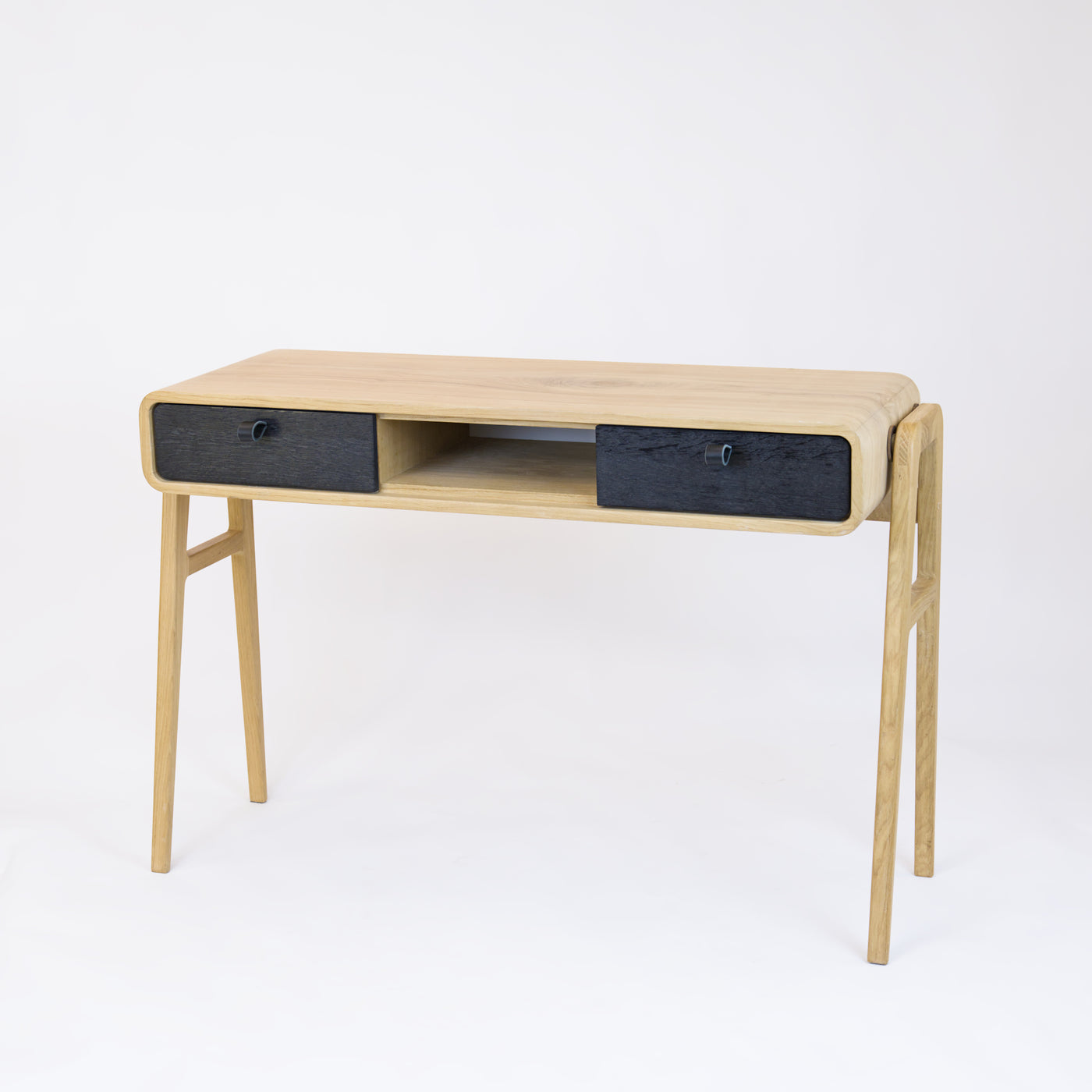 High desk and storage bench nm13H. The main corpus is crafted from solid Norwegian oak, featuring 2 drawers with black oak fronts and 1 slot.