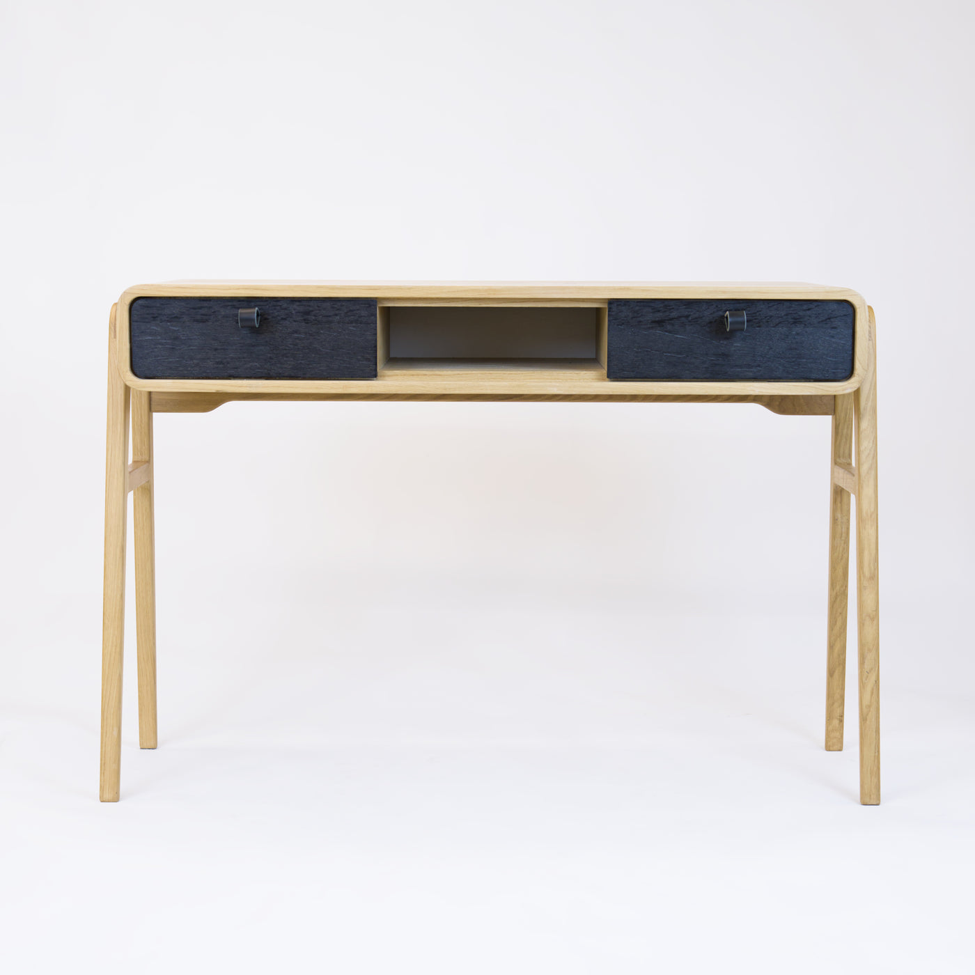 High desk and storage bench nm13H. The main corpus is crafted from solid Norwegian oak, featuring 2 drawers with black oak fronts and 1 slot.
