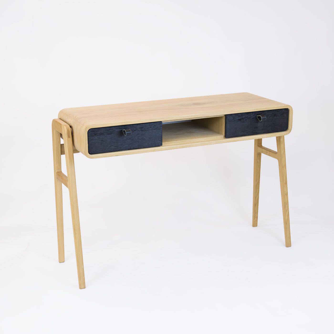 High desk and storage bench nm13H. The main corpus is crafted from solid Norwegian oak, featuring 2 drawers with black oak fronts and 1 slot.