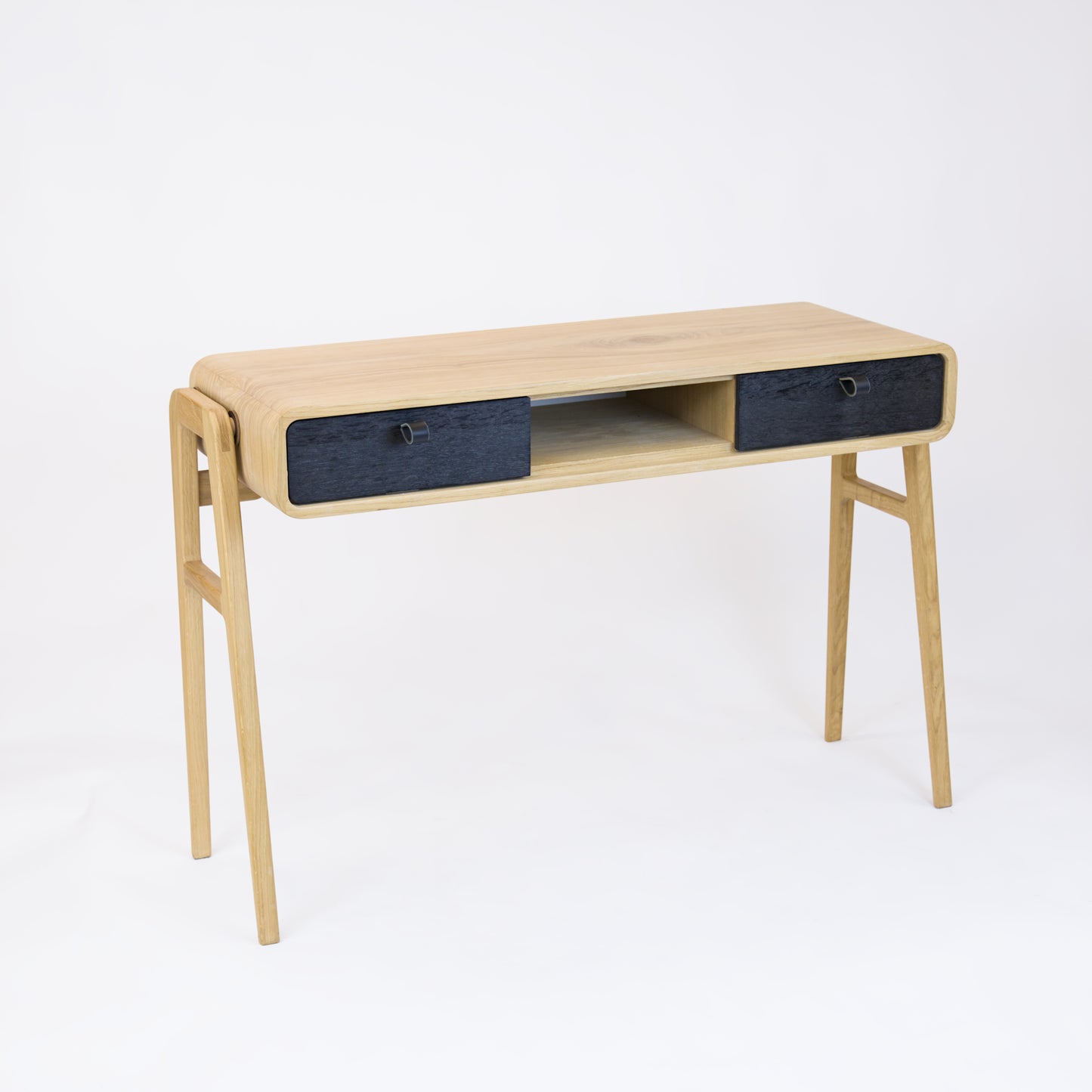 High desk and storage bench nm13H. The main corpus is crafted from solid Norwegian oak, featuring 2 drawers with black oak fronts and 1 slot.