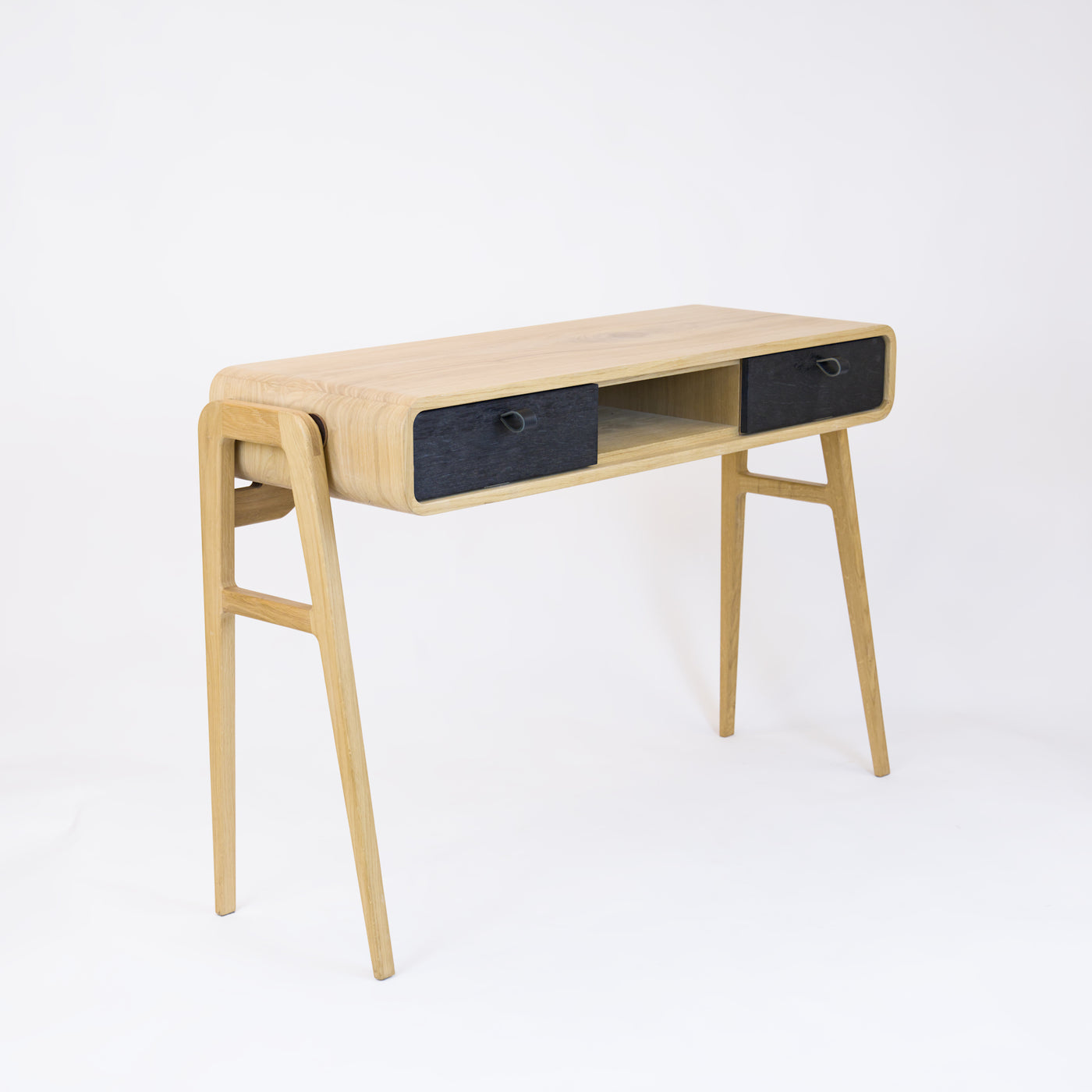 High desk and storage bench nm13H. The main corpus is crafted from solid Norwegian oak, featuring 2 drawers with black oak fronts and 1 slot.