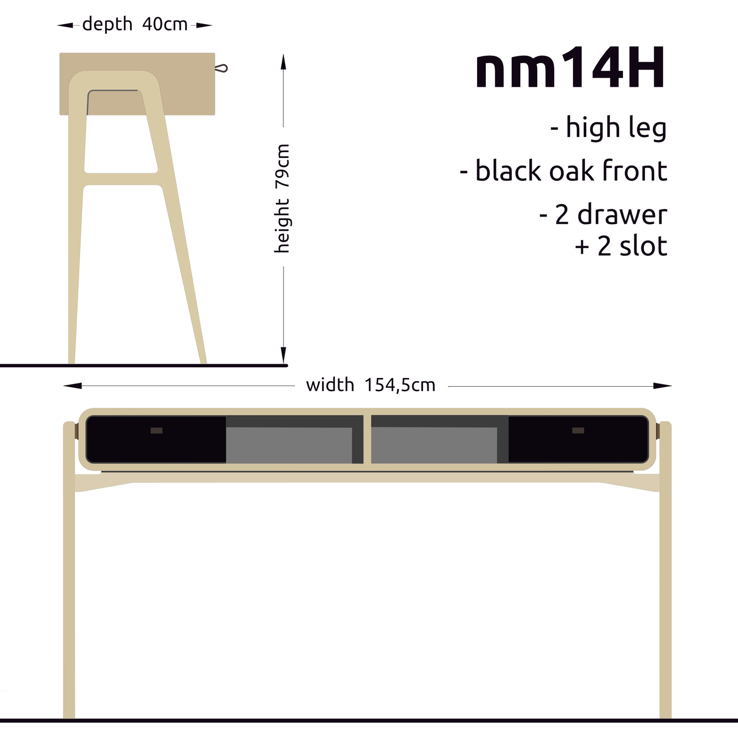 High desk and storage bench nm14H. The main corpus is crafted from solid Norwegian oak, featuring 2 drawers with black oak fronts and 2 slots.