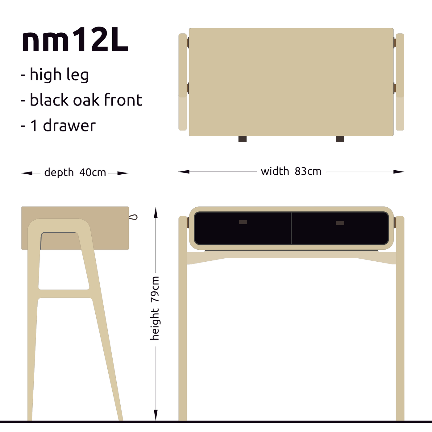 High desk and storage bench nm12H. The main corpus is crafted from solid Norwegian oak, featuring 2 drawers with black oak fronts.