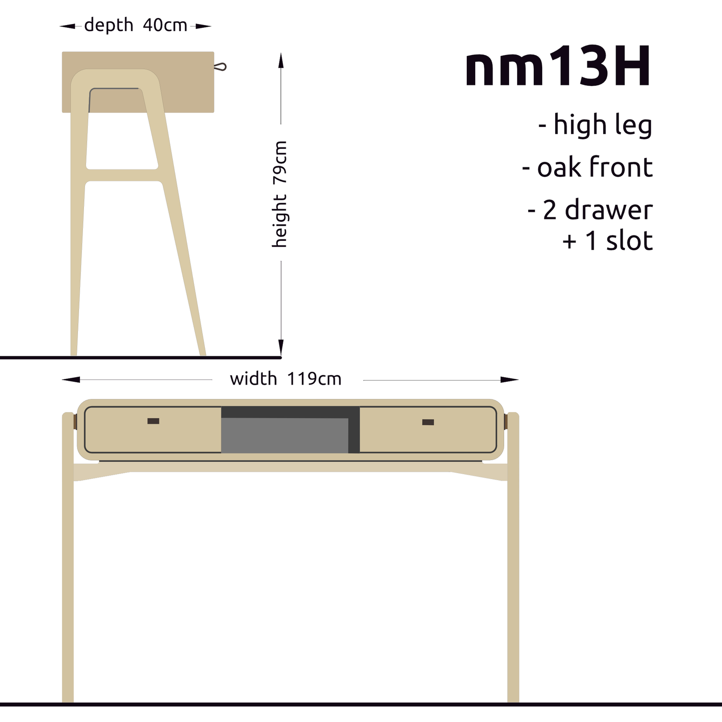 High desk and storage bench nm13H. The main corpus is crafted from solid Norwegian oak, featuring 2 drawers with natural oak fronts and 1 slot.