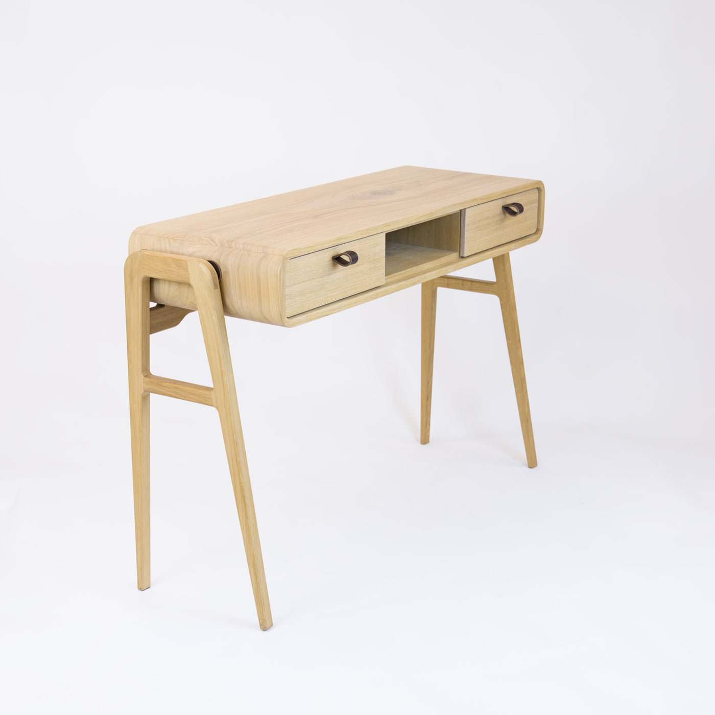 High desk and storage bench nm13H. The main corpus is crafted from solid Norwegian oak, featuring 2 drawers with natural oak fronts and 1 slot.