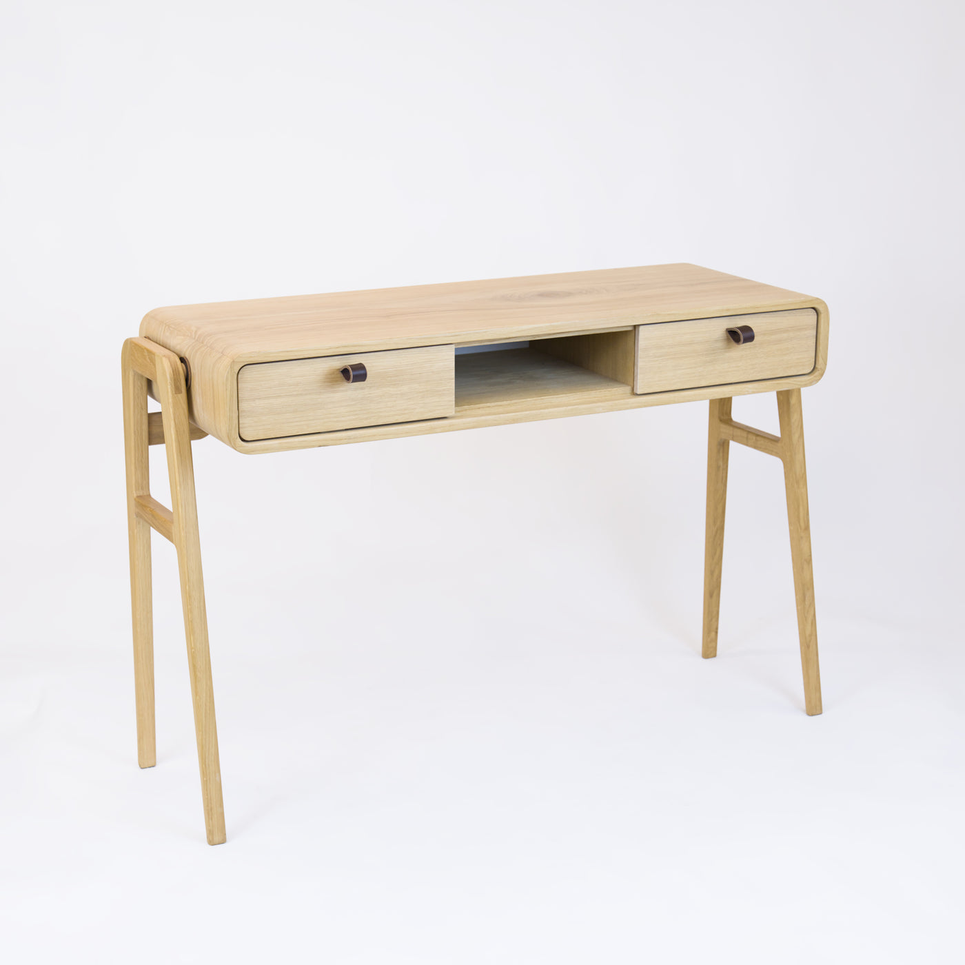 High desk and storage bench nm13H. The main corpus is crafted from solid Norwegian oak, featuring 2 drawers with natural oak fronts and 1 slot.