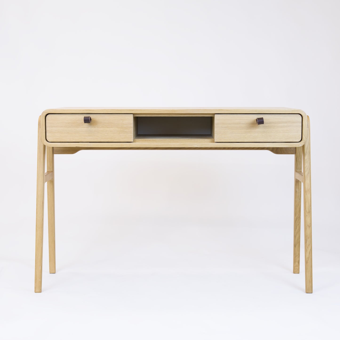 High desk and storage bench nm13H. The main corpus is crafted from solid Norwegian oak, featuring 2 drawers with natural oak fronts and 1 slot.