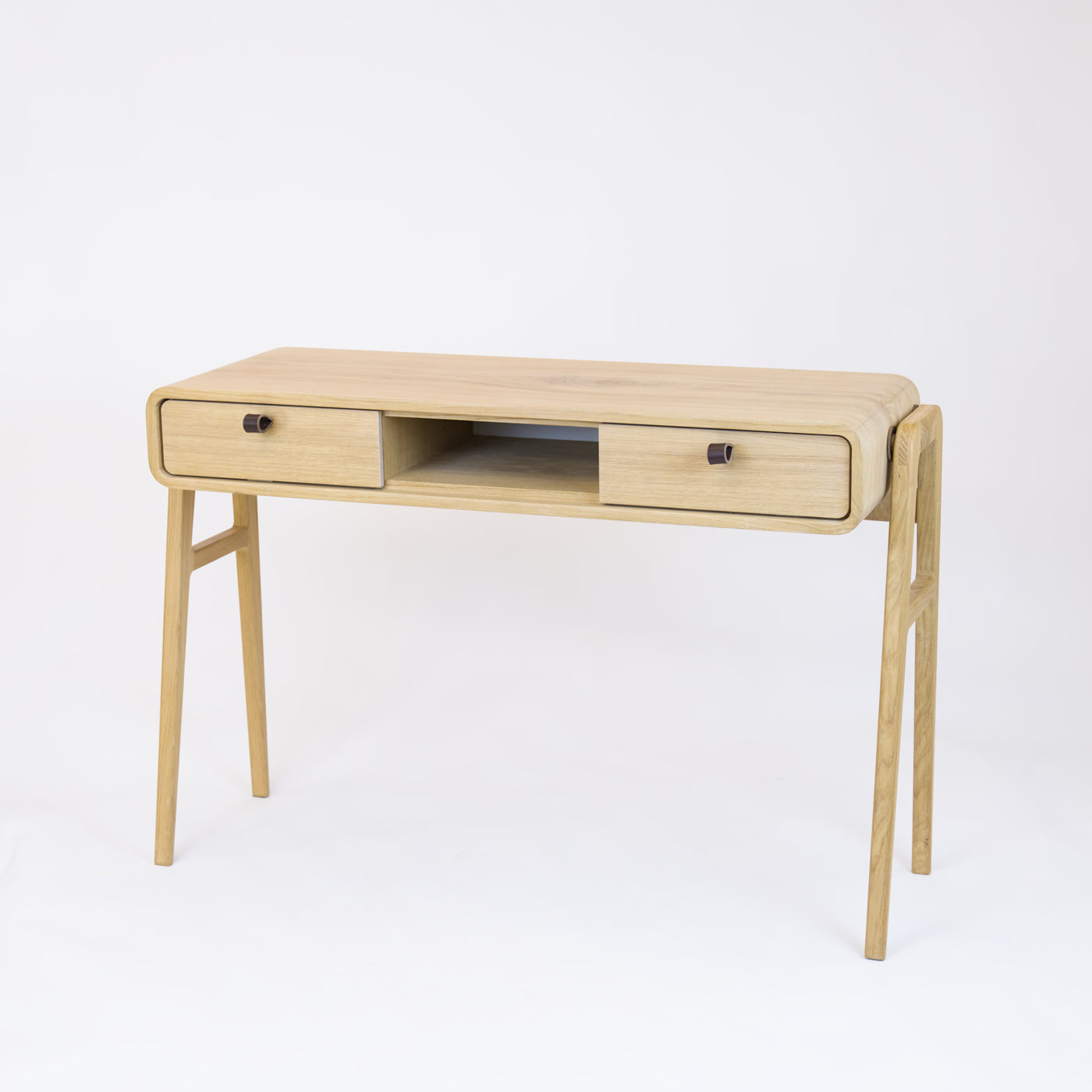High desk and storage bench nm13H. The main corpus is crafted from solid Norwegian oak, featuring 2 drawers with natural oak fronts and 1 slot.