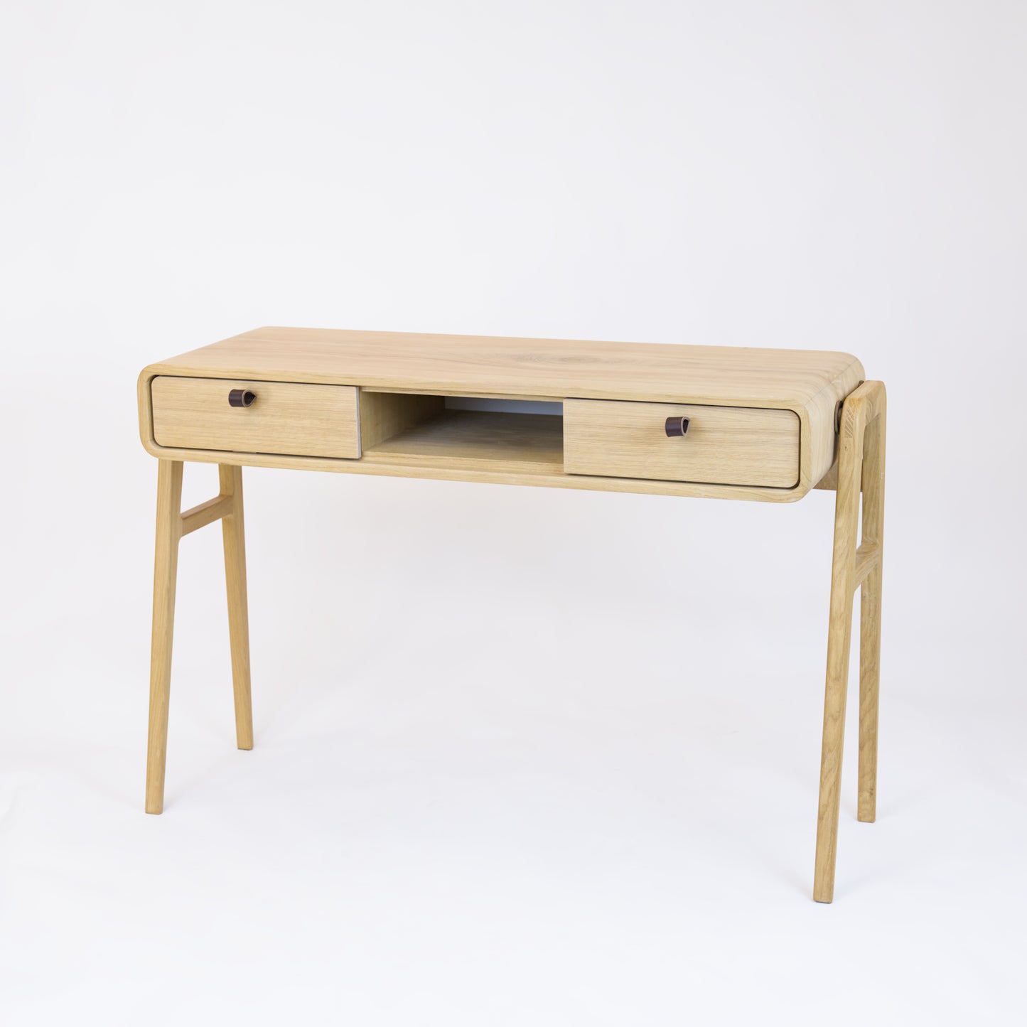 High desk and storage bench nm13H. The main corpus is crafted from solid Norwegian oak, featuring 2 drawers with natural oak fronts and 1 slot.