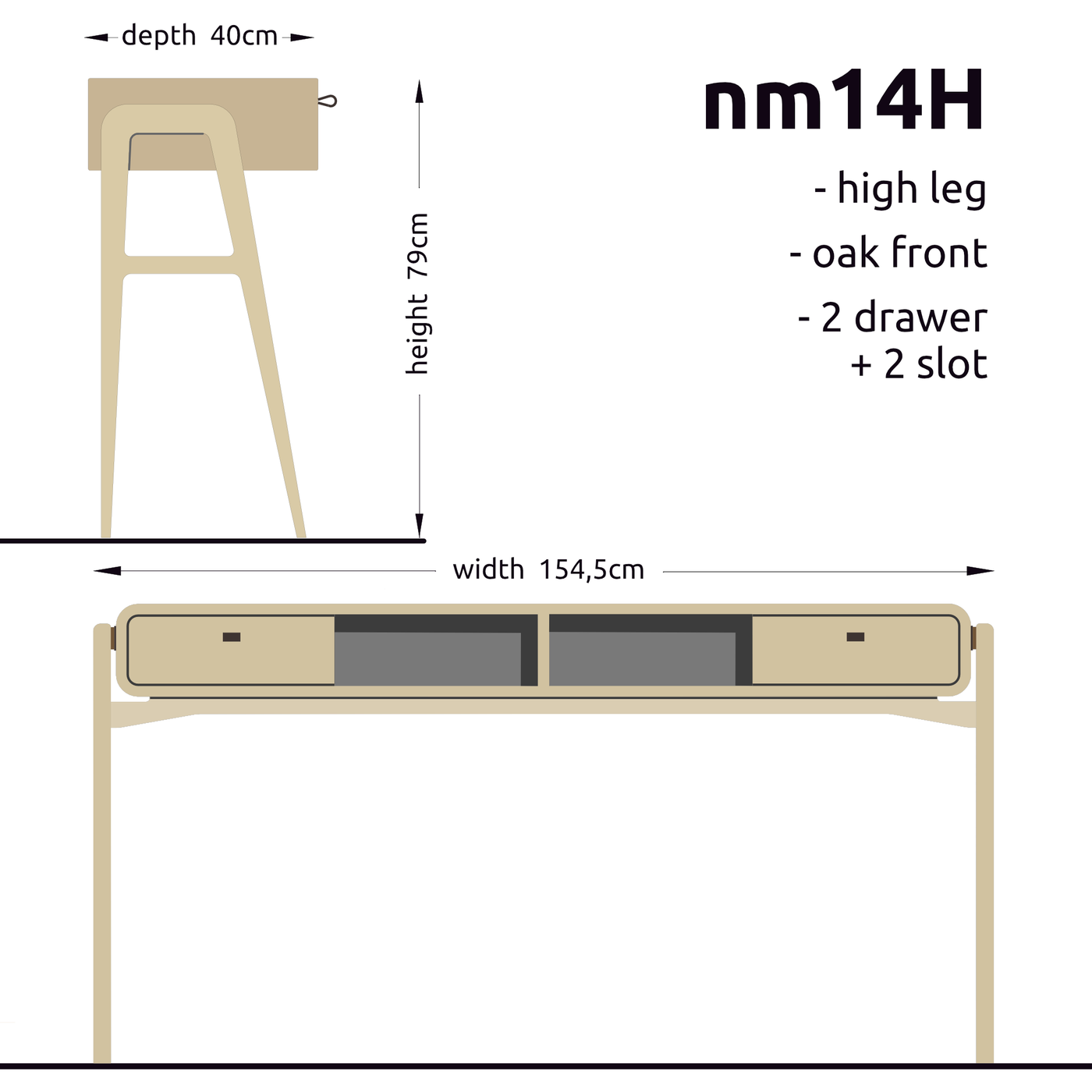 High desk and storage bench nm14H. The main corpus is crafted from solid Norwegian oak, featuring 2 drawers with natural oak fronts and 2 slots.