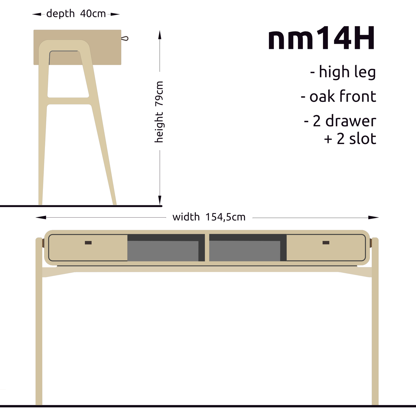 High desk and storage bench nm14H. The main corpus is crafted from solid Norwegian oak, featuring 2 drawers with natural oak fronts and 2 slots.
