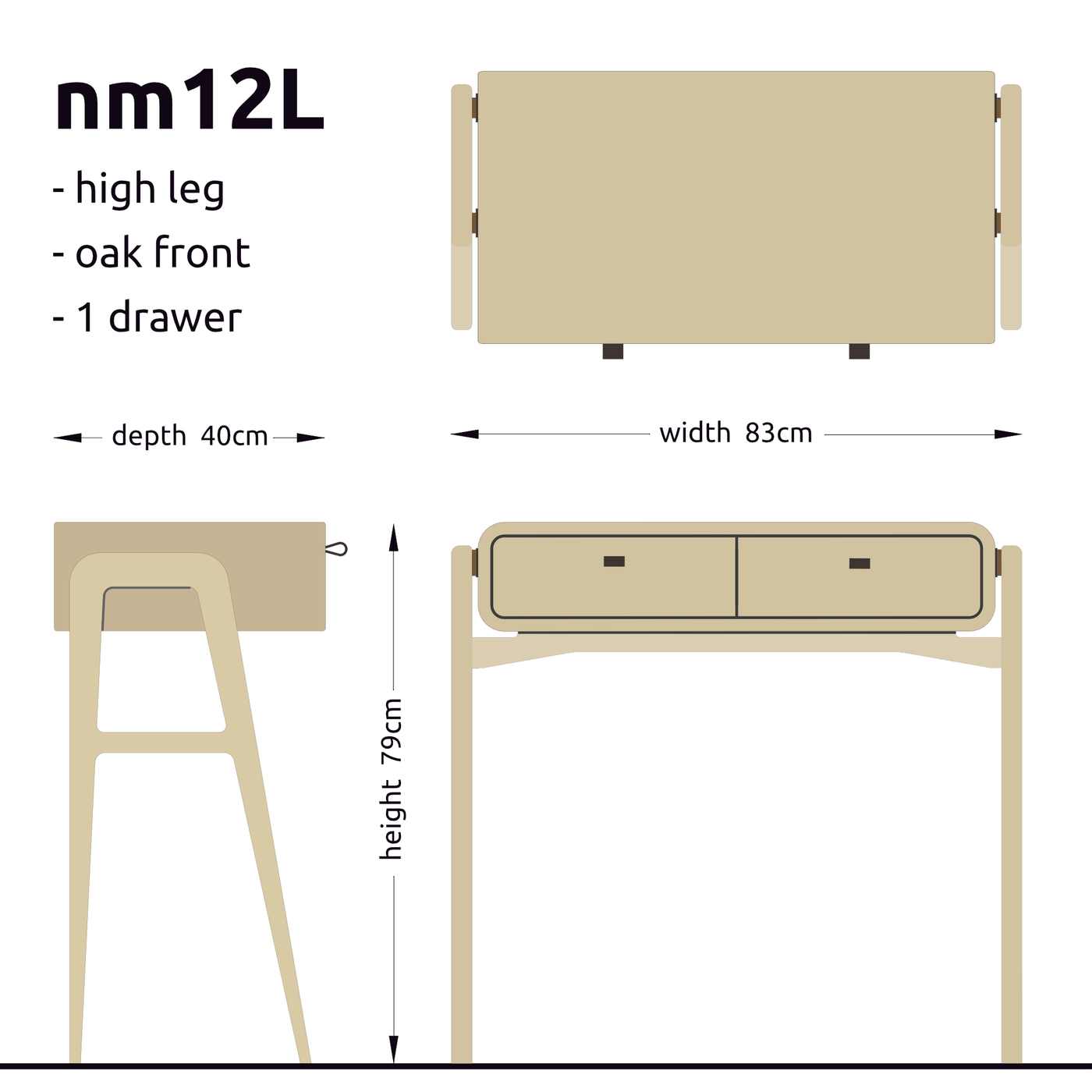 High desk and storage bench nm12H. The main corpus is crafted from solid Norwegian oak, featuring 2 drawers with natural oak fronts.