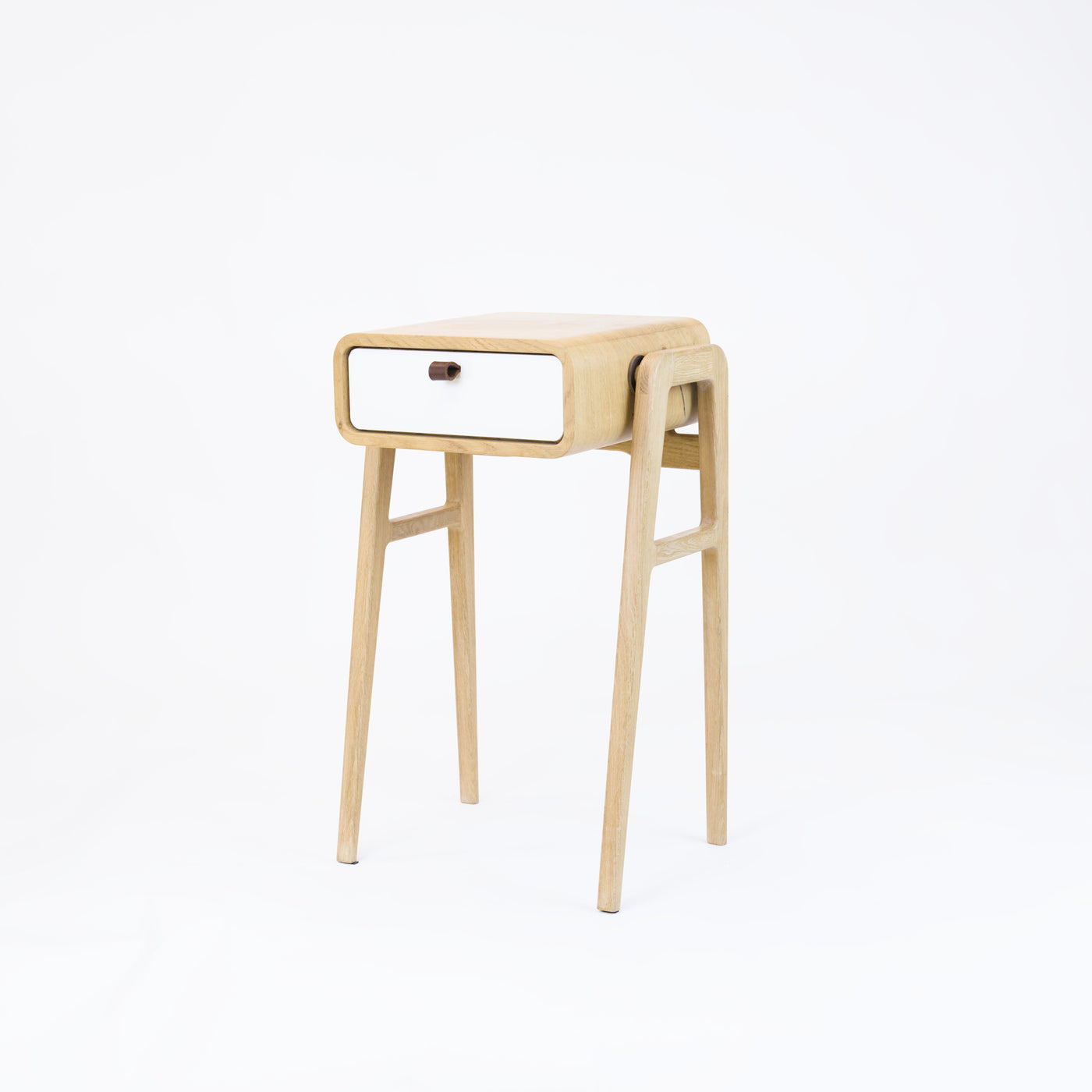 High desk and storage bench nm11H. The main corpus is crafted from solid Norwegian oak, featuring 1 drawer with white front.