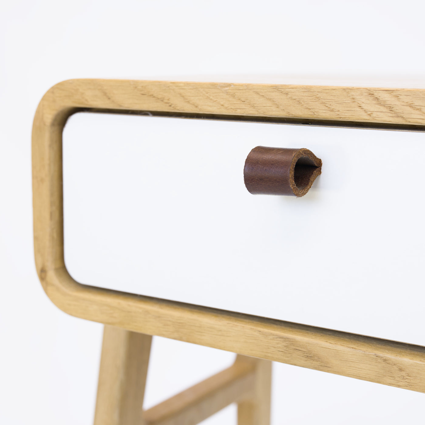 High desk and storage bench nm11H. The main corpus is crafted from solid Norwegian oak, featuring 1 drawer with white front.