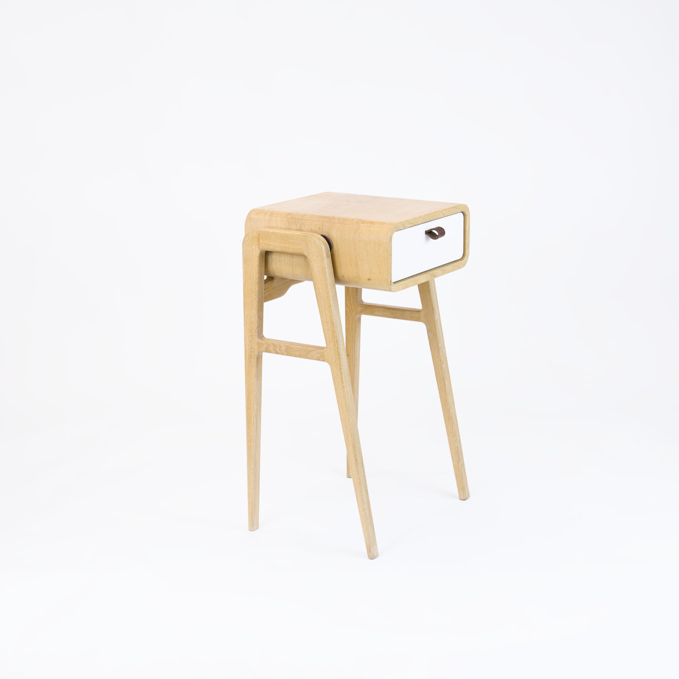 High desk and storage bench nm11H. The main corpus is crafted from solid Norwegian oak, featuring 1 drawer with white front.