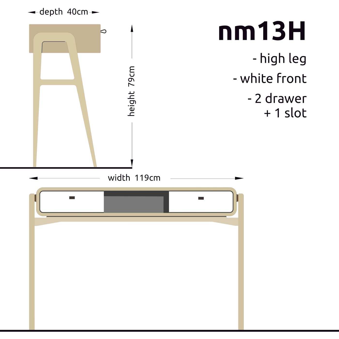 High desk and storage bench nm13H. The main corpus is crafted from solid Norwegian oak, featuring 2 drawers with white fronts and 1 slot.