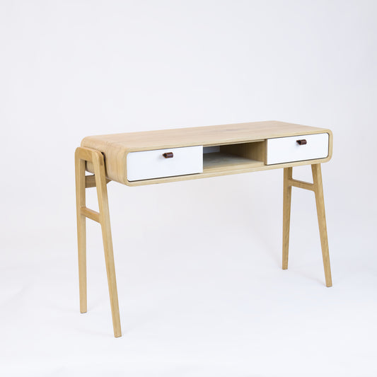 High desk and storage bench nm13H. The main corpus is crafted from solid Norwegian oak, featuring 2 drawers with white fronts and 1 slot.