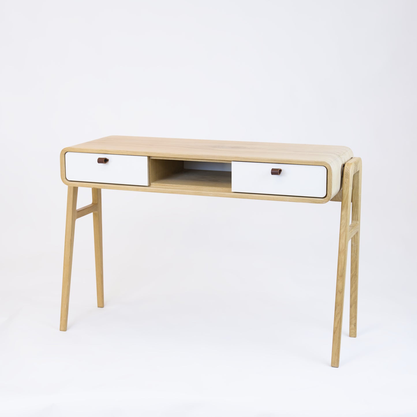 High desk and storage bench nm13H. The main corpus is crafted from solid Norwegian oak, featuring 2 drawers with white fronts and 1 slot.
