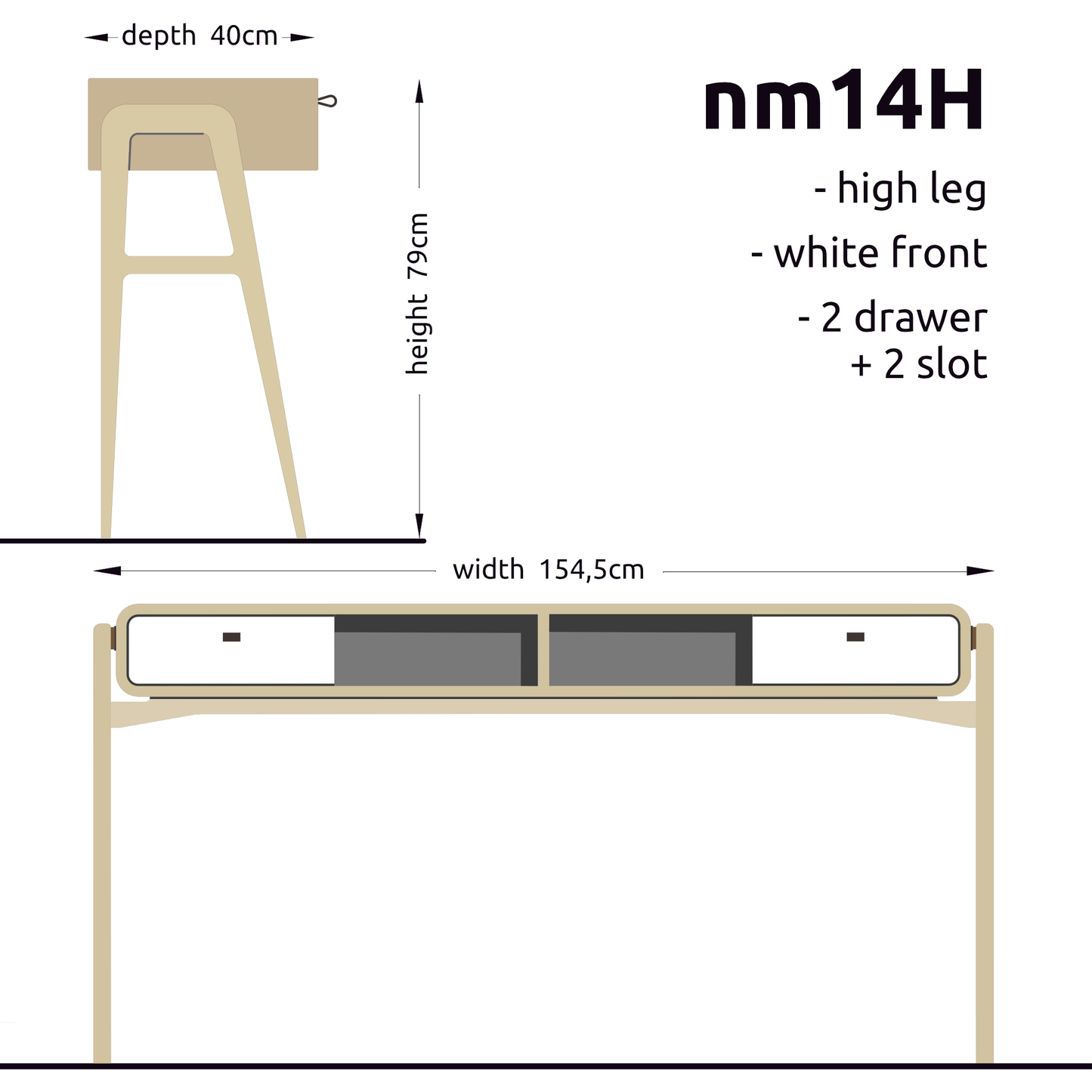 High desk and storage bench nm14H. The main corpus is crafted from solid Norwegian oak, featuring 2 drawers with white fronts and 2 slots.