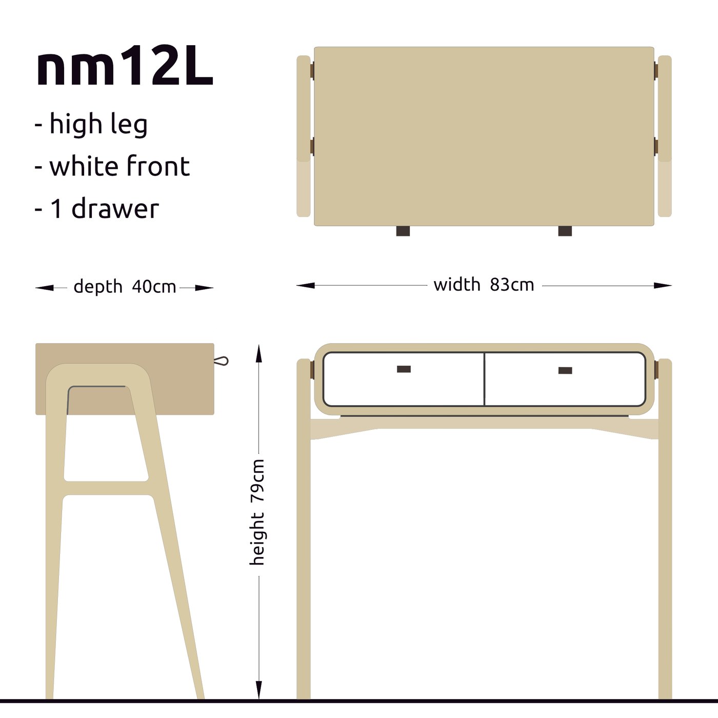 High desk and storage bench nm12H. The main corpus is crafted from solid Norwegian oak, featuring 2 drawers with white fronts.