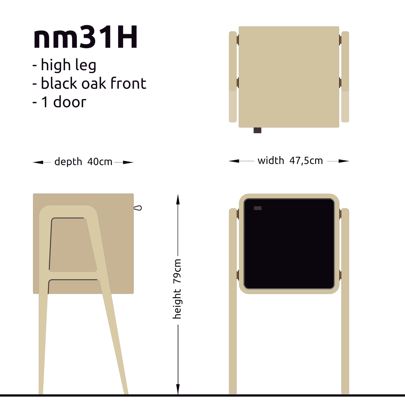 High nightstand nm31H. The main corpus is crafted from solid Norwegian oak, featuring 1 door with black oak front.