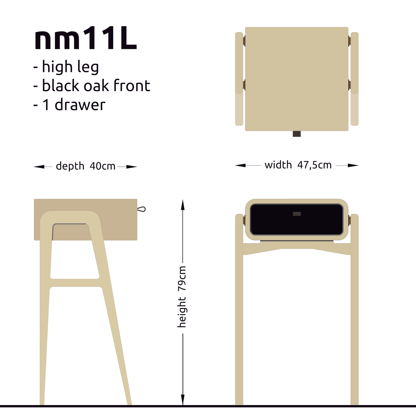 High nightstand nm11H. The main corpus is crafted from solid Norwegian oak, featuring 1 drawer with black oak front.