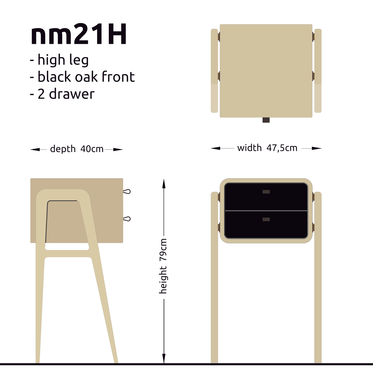 High nightstand nm21H. The main corpus is crafted from solid Norwegian oak, featuring 2 drawers black oak white front.