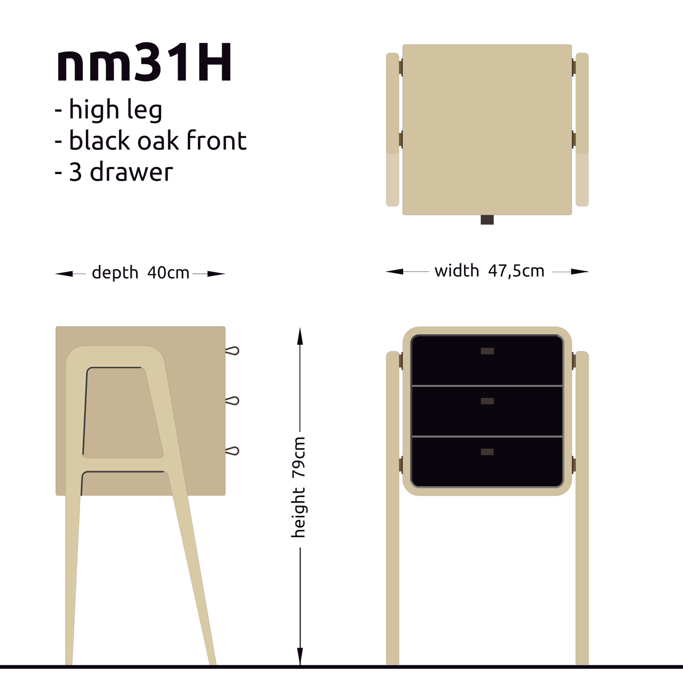 High nightstand nm31H. The main corpus is crafted from solid Norwegian oak, featuring 3 drawers with black oak front.