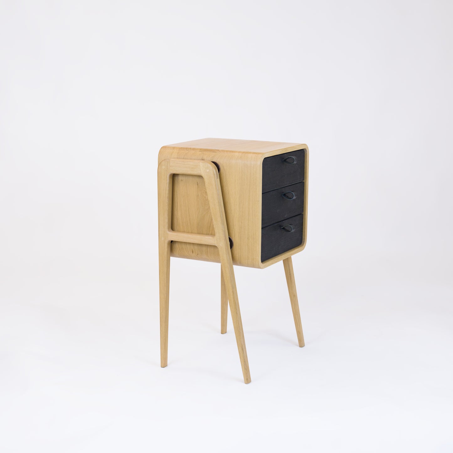 High nightstand nm31H. The main corpus is crafted from solid Norwegian oak, featuring 3 drawers with black oak front.