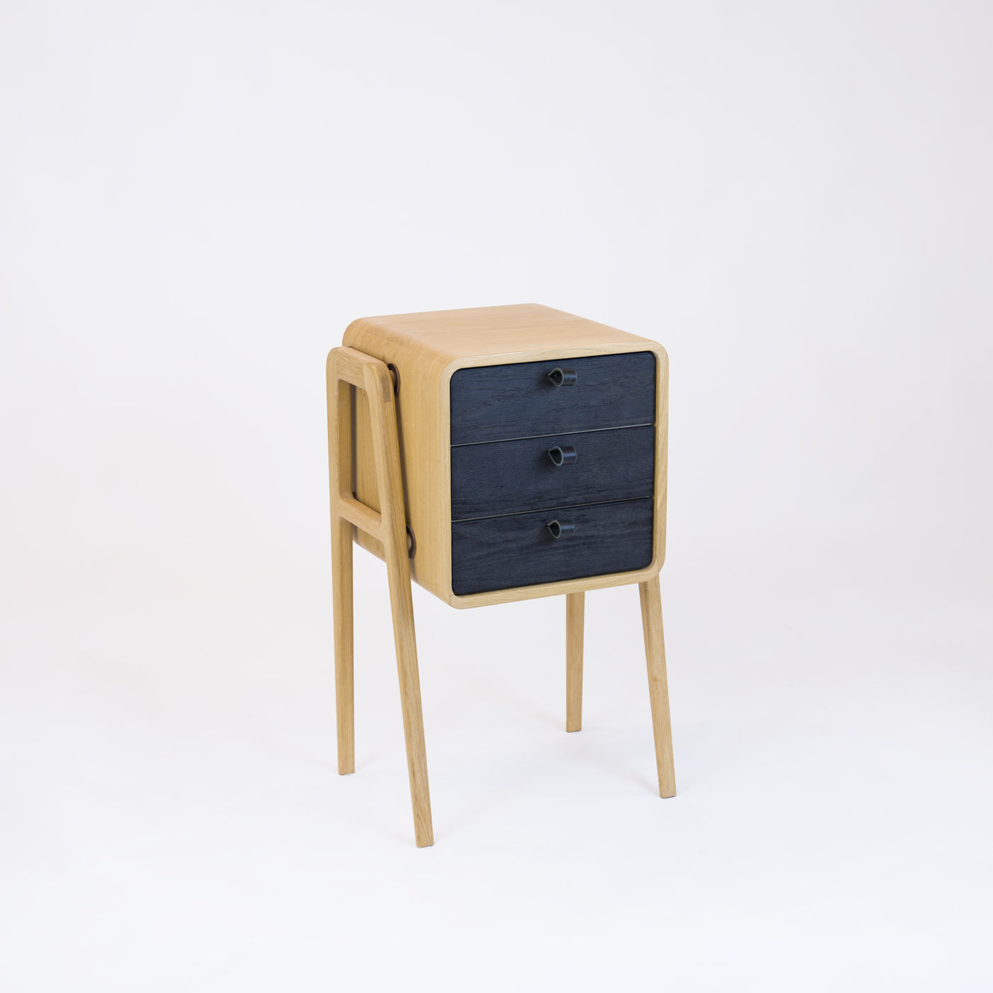 High nightstand nm31H. The main corpus is crafted from solid Norwegian oak, featuring 3 drawers with black oak front.