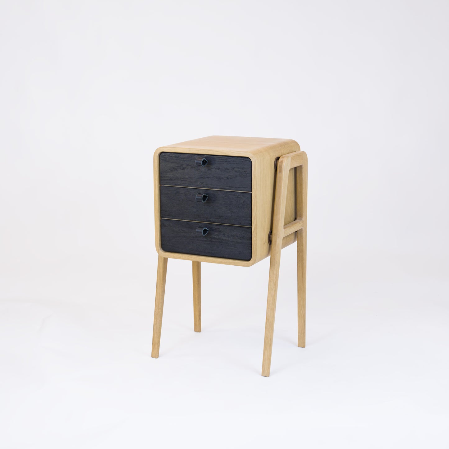 High nightstand nm31H. The main corpus is crafted from solid Norwegian oak, featuring 3 drawers with black oak front.