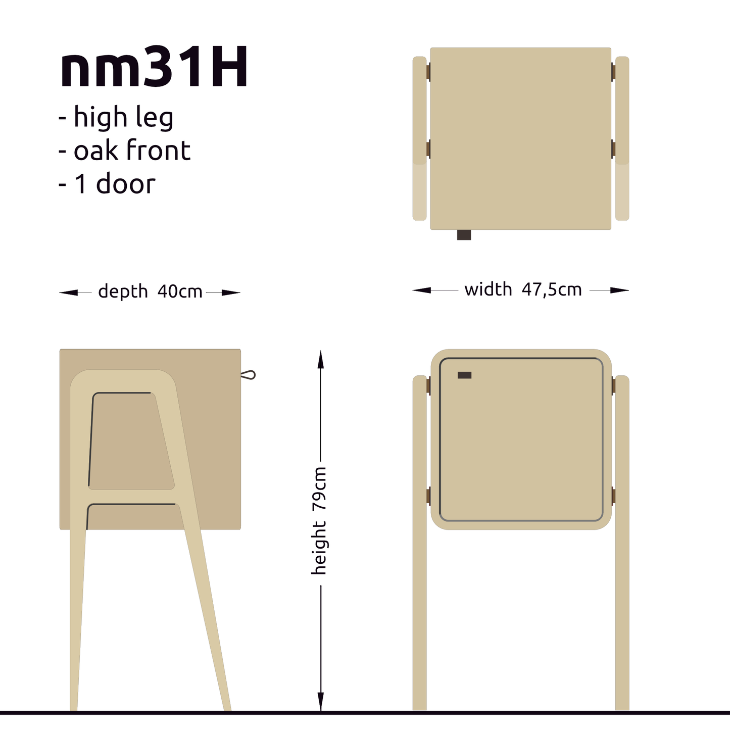 High nightstand nm31H. The main corpus is crafted from solid Norwegian oak, featuring 1 door with natural oak front.