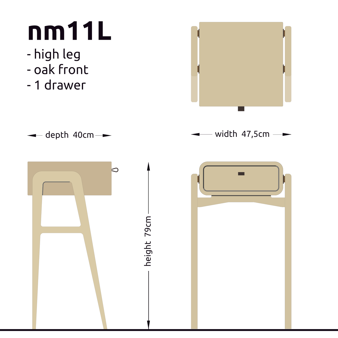 High nightstand nm11H. The main corpus is crafted from solid Norwegian oak, featuring 1 drawer with natural oak front.