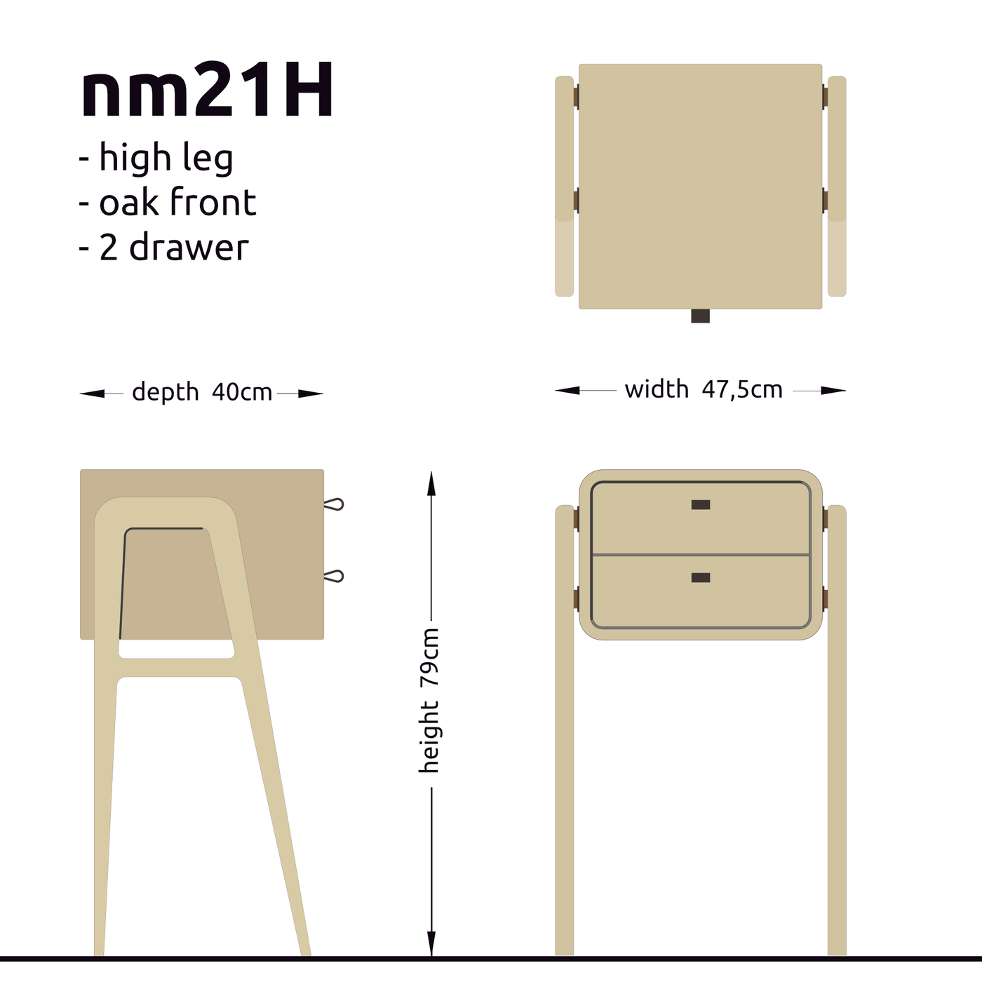High nightstand nm21H. The main corpus is crafted from solid Norwegian oak, featuring 2 drawers natural oak white front.