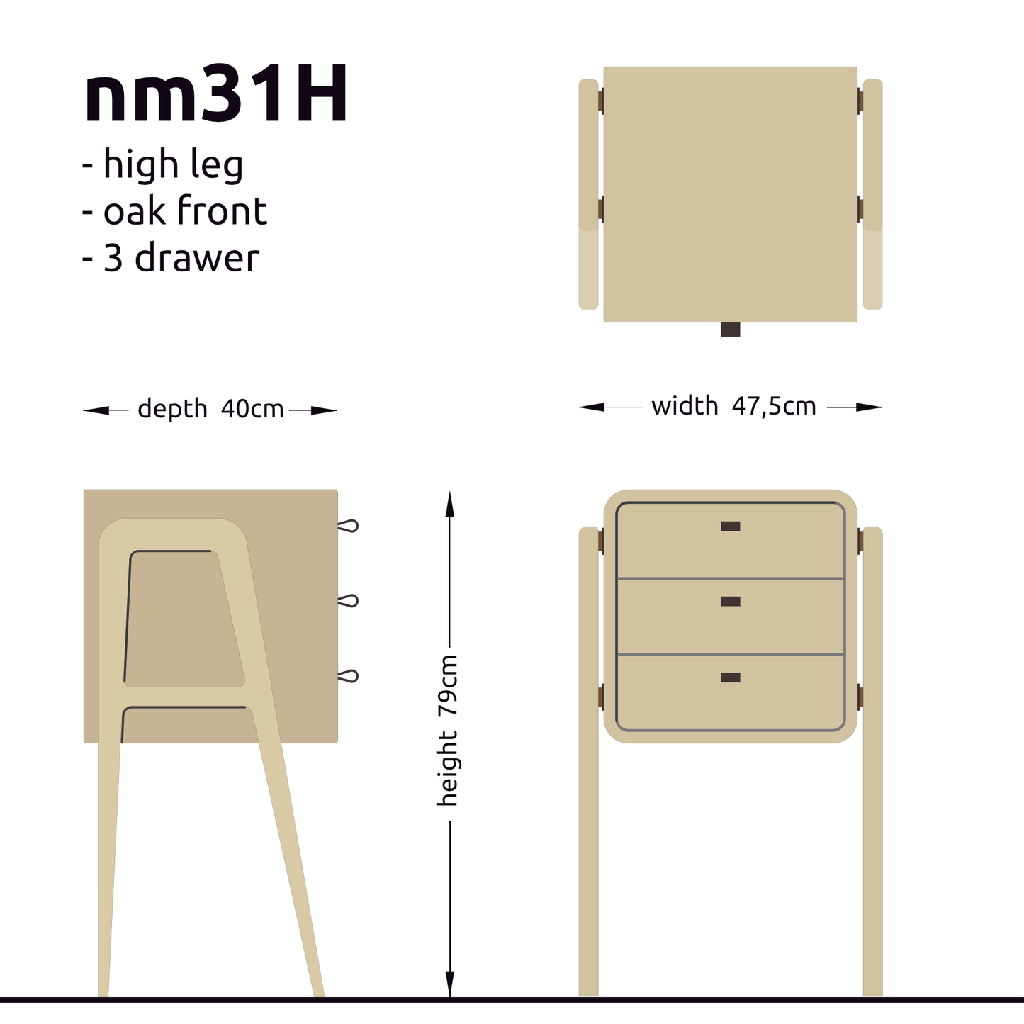 High nightstand nm31H. The main corpus is crafted from solid Norwegian oak, featuring 3 drawers with natural oak front.