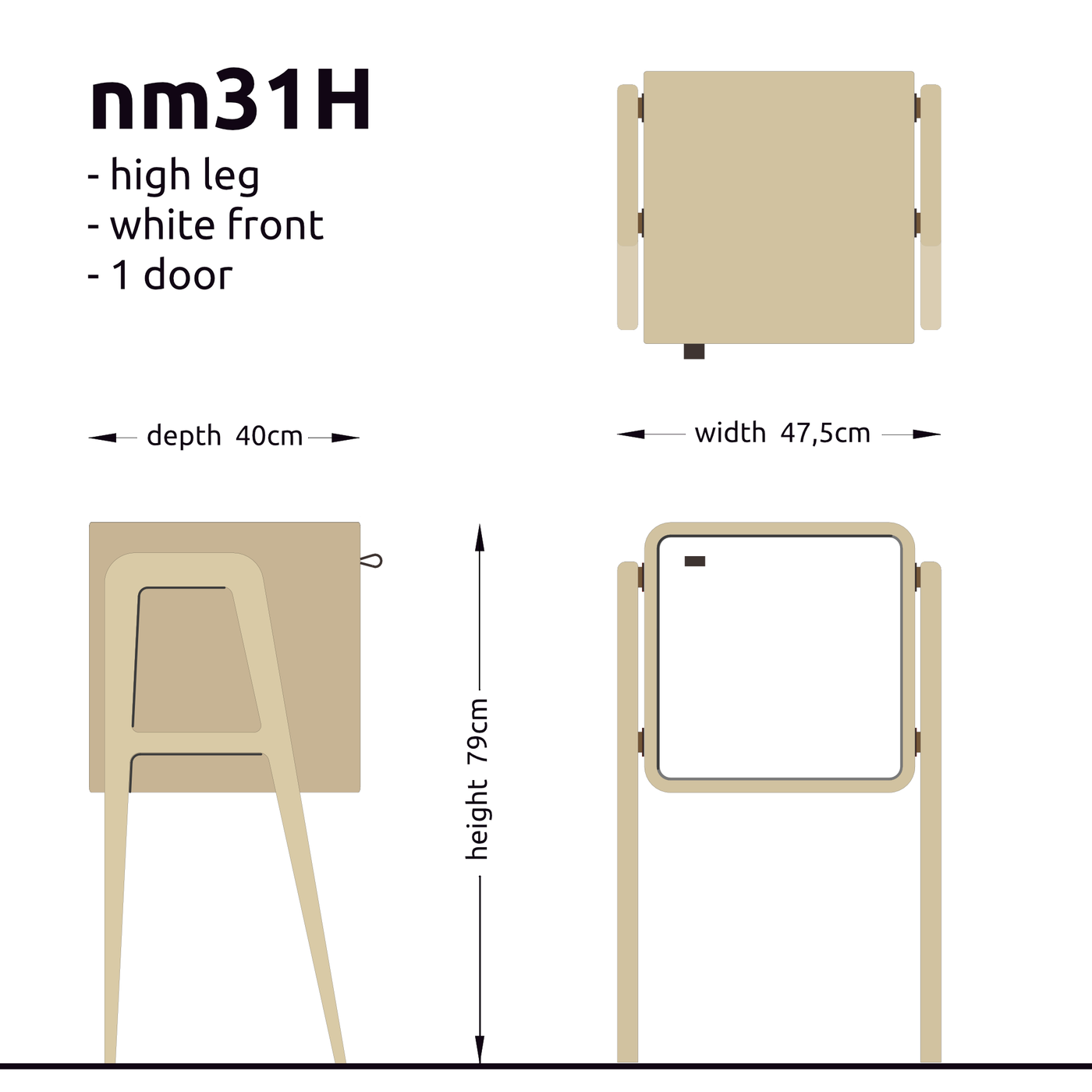 High nightstand nm31H. The main corpus is crafted from solid Norwegian oak, featuring 1 door with white front.