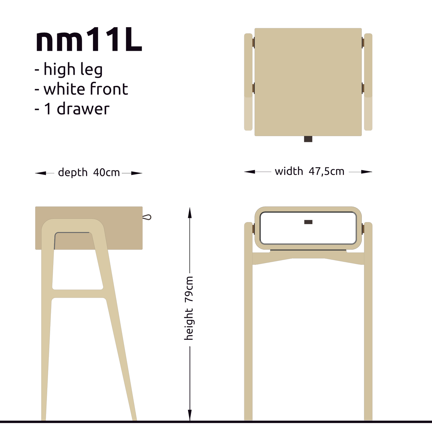 High nightstand nm11H. The main corpus is crafted from solid Norwegian oak, featuring 1 drawer with white front.