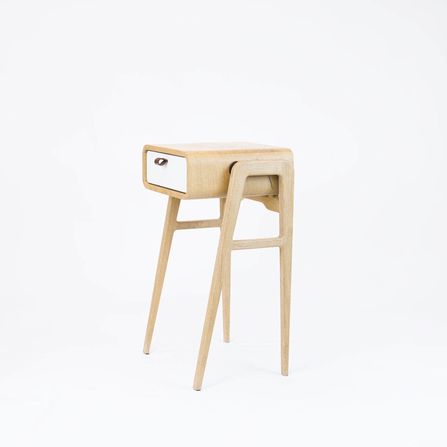 High nightstand nm11H. The main corpus is crafted from solid Norwegian oak, featuring 1 drawer with white front.
