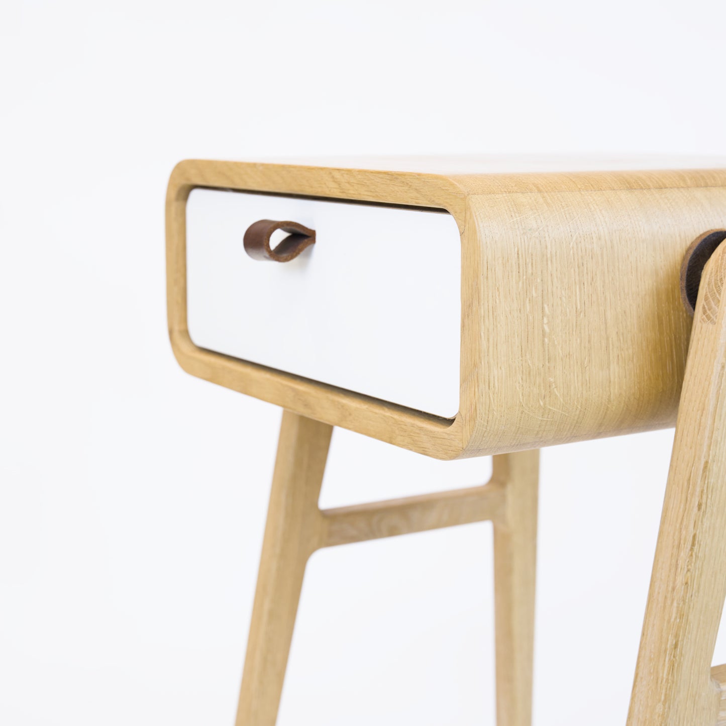 High nightstand nm11H. The main corpus is crafted from solid Norwegian oak, featuring 1 drawer with white front.
