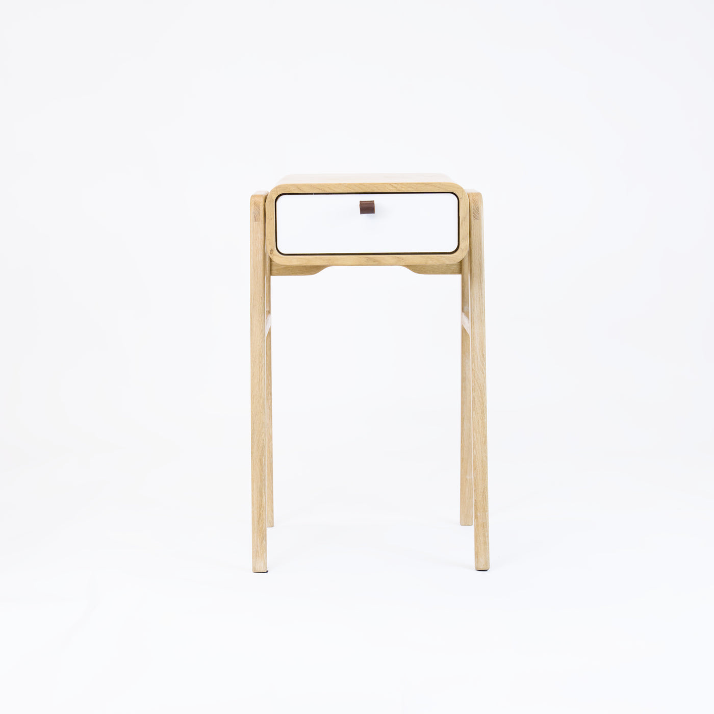 High nightstand nm11H. The main corpus is crafted from solid Norwegian oak, featuring 1 drawer with white front.