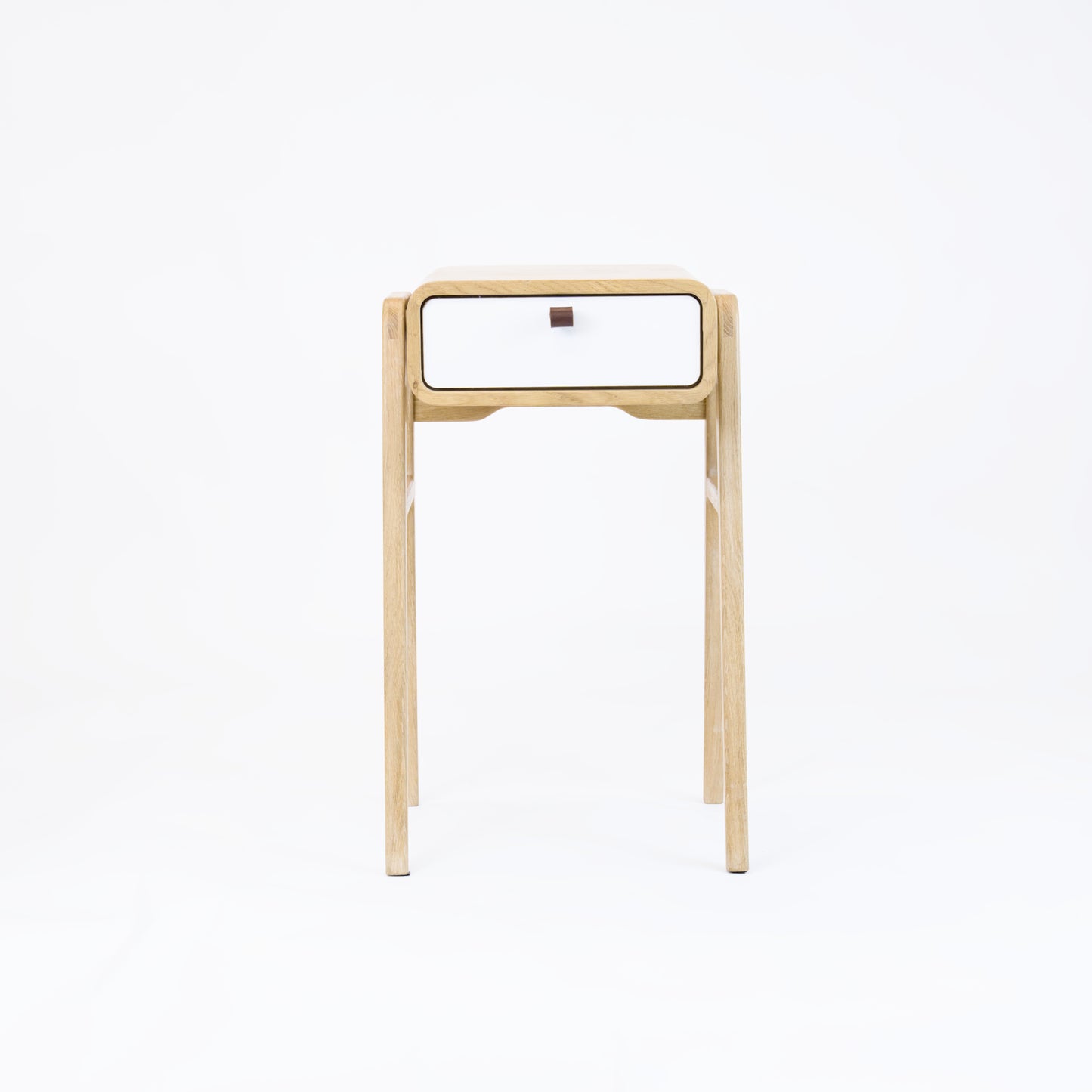High nightstand nm11H. The main corpus is crafted from solid Norwegian oak, featuring 1 drawer with white front.