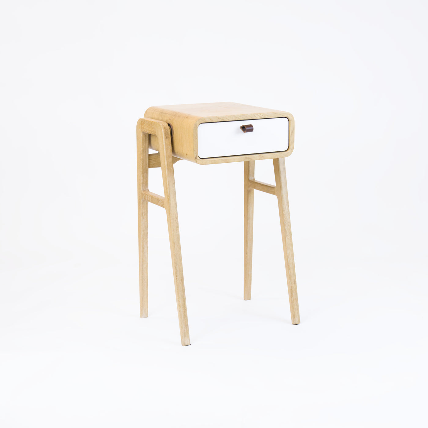 High nightstand nm11H. The main corpus is crafted from solid Norwegian oak, featuring 1 drawer with white front.
