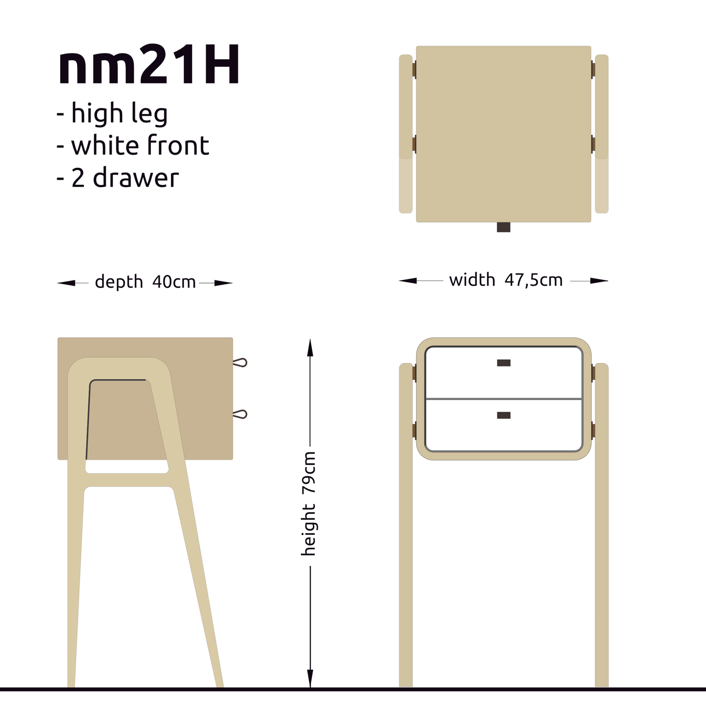 High nightstand nm21H. The main corpus is crafted from solid Norwegian oak, featuring 2 drawers with white front.
