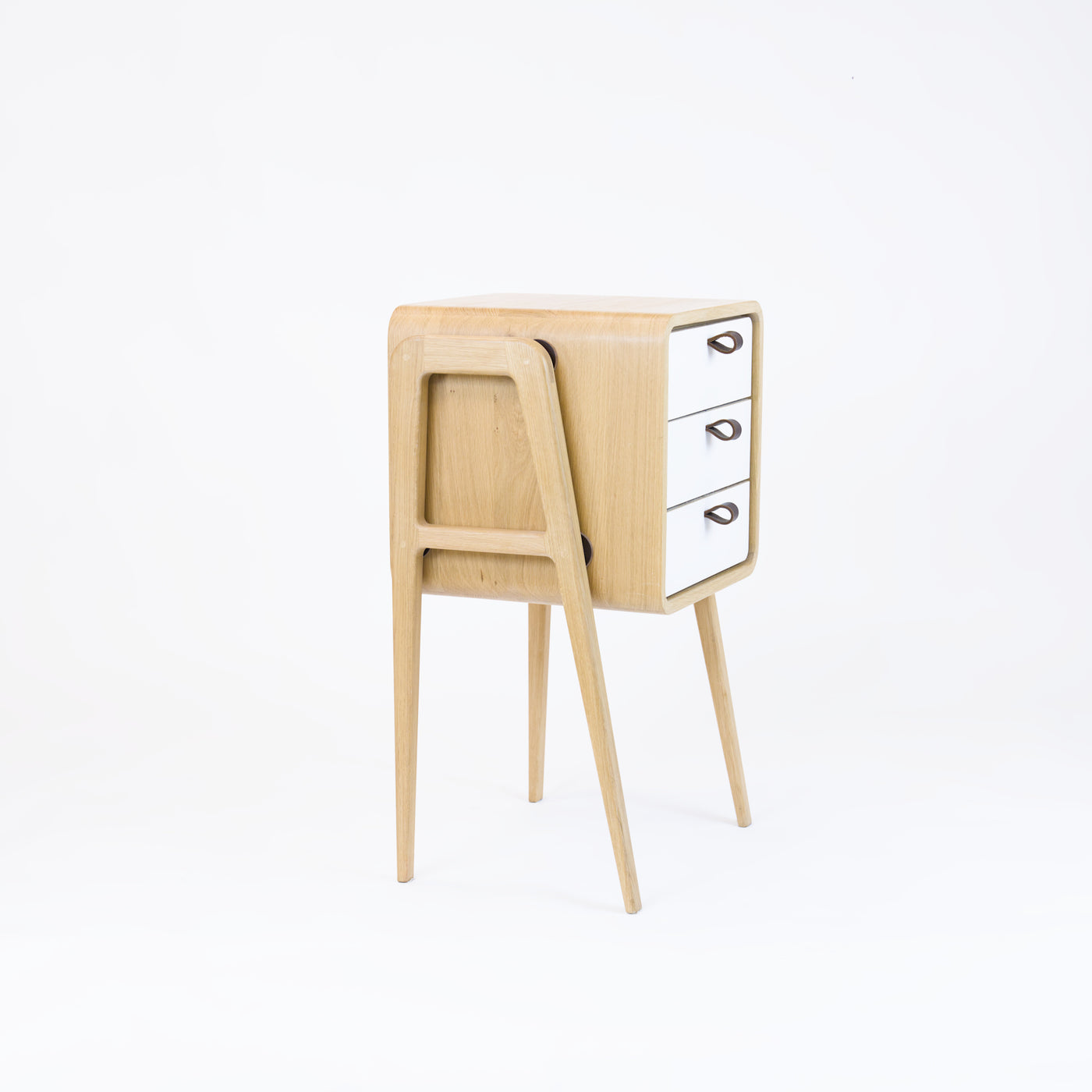 High nightstand nm31H. The main corpus is crafted from solid Norwegian oak, featuring 3 drawers with white front.
