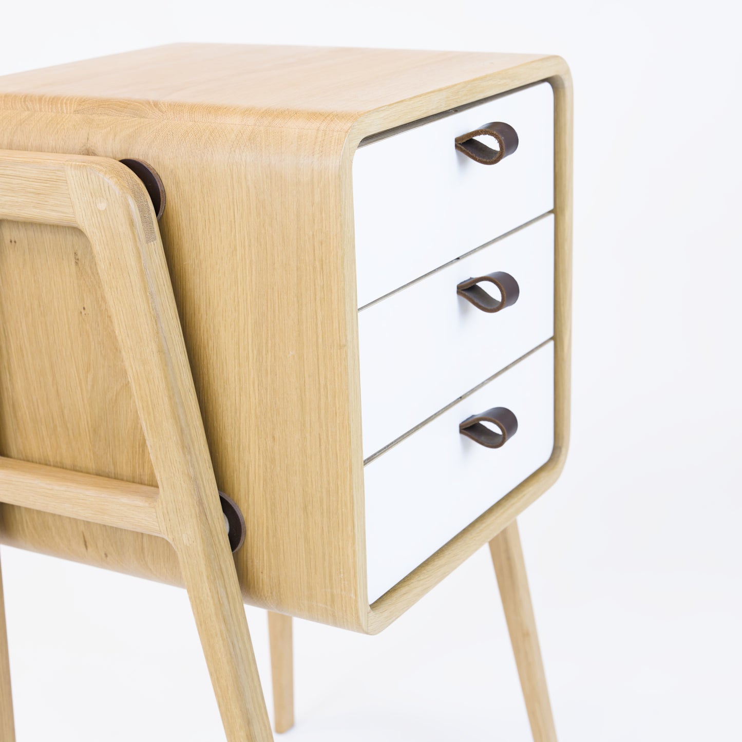 High nightstand nm31H. The main corpus is crafted from solid Norwegian oak, featuring 3 drawers with white front.